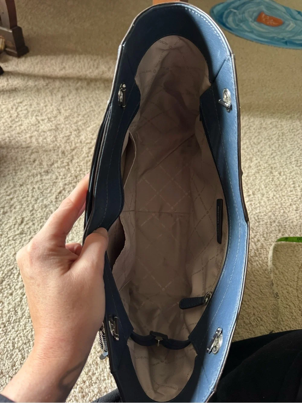 Michael Kors Navy Saffiano Tote with Silver Chain Accents